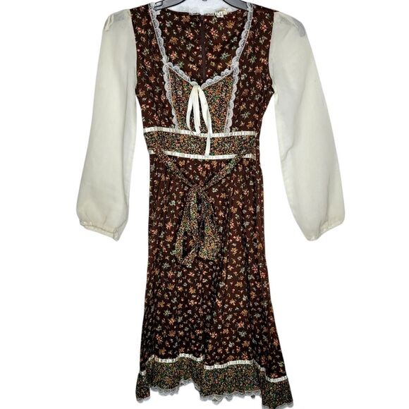 Vintage 70s Floral Prairie Dress Sheer Sleeves and Lace Trim Size 5 - Picture 1 of 11